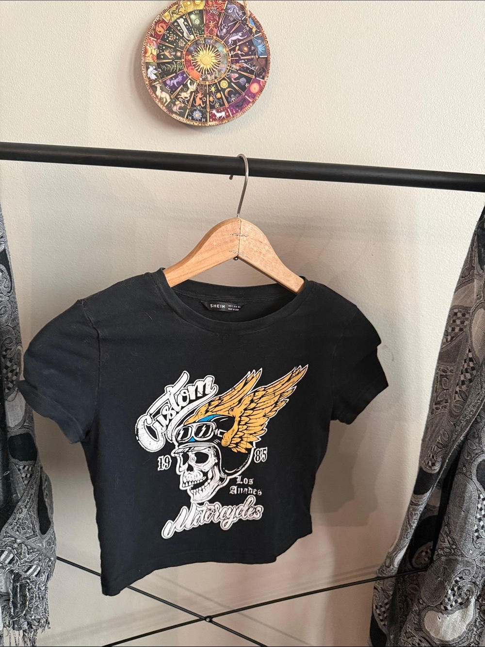 SHEIN Black Tee with Gold Wing Skull Graphic